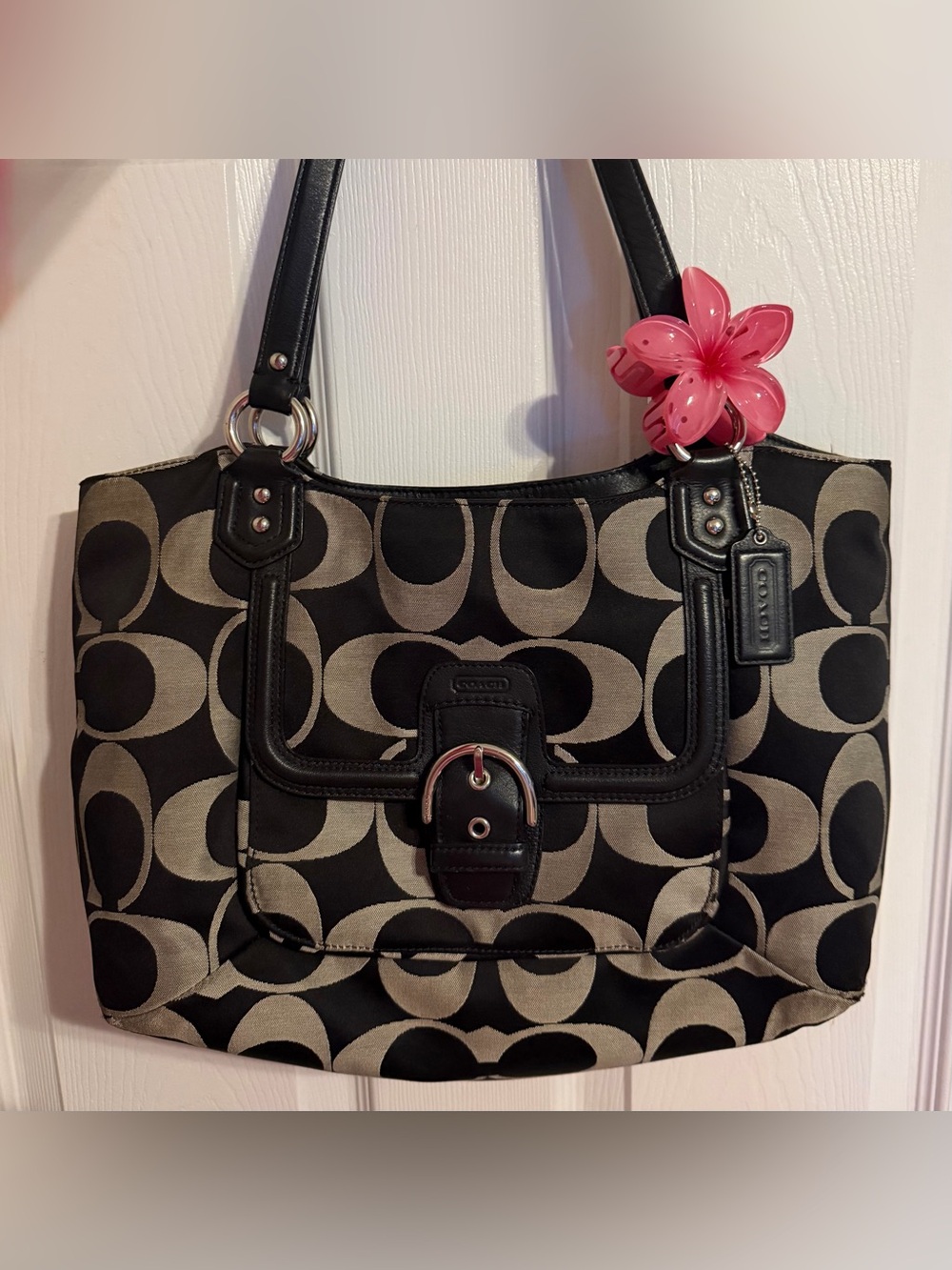 Coach Signature C Black Silver Jacquard Tote Shoulder Bag with Leather Trim